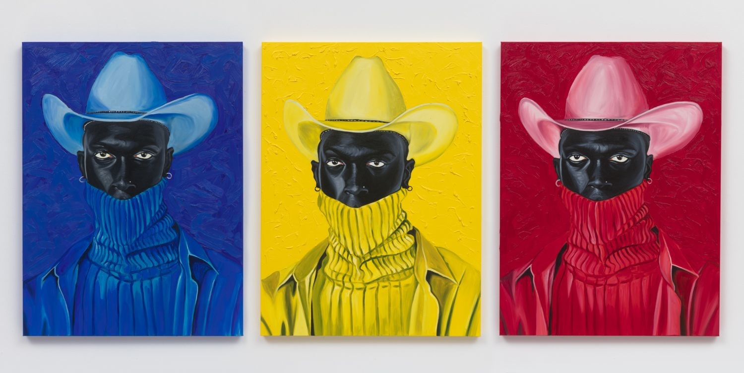Otis Kwame Kye Quaicoe David Theodore Cowboy,&nbsp;2019 Oil on canvas Three canvases, each: 40 x 30 in (101.6 x 76.2 cm)