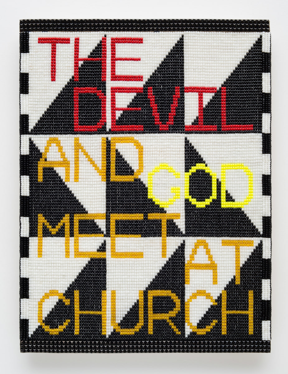 Jeffrey Gibson THE DEVIL AND GOD MEET AT CHURCH, 2017 Glass beads, artificial sinew, metal studs, acrylic felt, over wood panel 40 x 30 in (101.6 x 76.2 cm)
