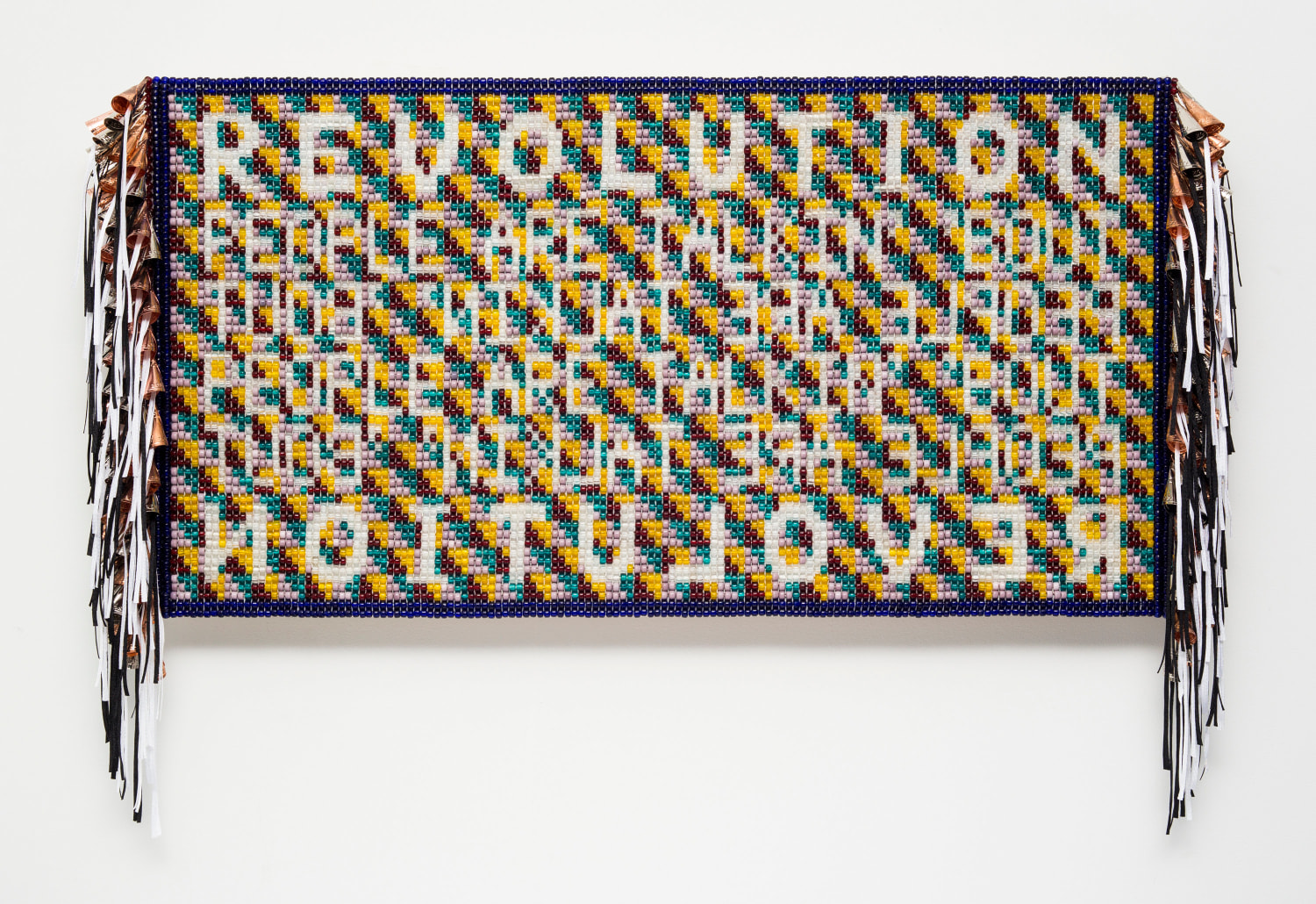 Jeffrey Gibson Like a Whisper, 2017 Glass beads, artificial sinew, copper and tin jingles, nylon fringe, acrylic felt, over wood panel 30.5 x 46 in (77.5 cm x 116.8 cm)