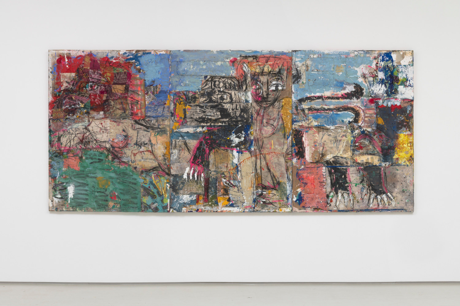 Beasts with Headdresses, 2018 Oil, acrylic, spray paint, ink, pastel, charcoal, sand, coarse pumice gel and collaged fabrics on canvas 63 x 141.75 in (160 x 360 cm)