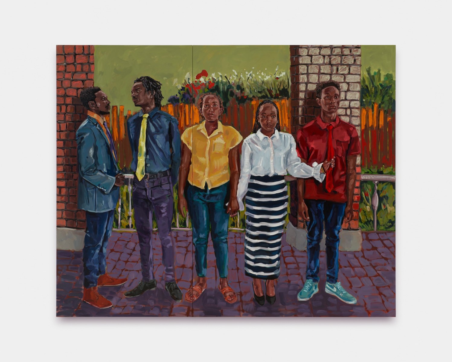 Wangari Mathenge Colonial Veranda (After Wood's "American Gothic"), 2023 Oil, oil stick and acrylic on canvas Diptych, overall dimensions: 102 x 127 in (259.1 x 322.6 cm), Each canvas 102 x 51 in (259.1 x 129.5 cm) and 102 x 76 in (259.1 x 193 cm) Reg# 11354 exhibitions