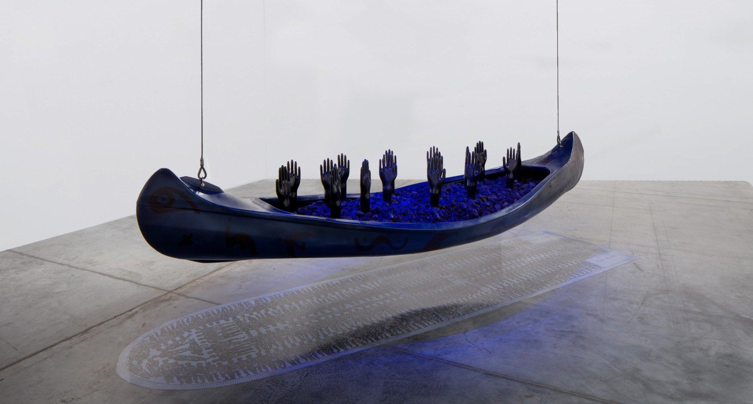 Betye Saar Gliding Into Midnight, 2019 Mixed media assemblage tableau 22 x 36 x 138 in (55.9 x 91.4 x 350.5 cm)