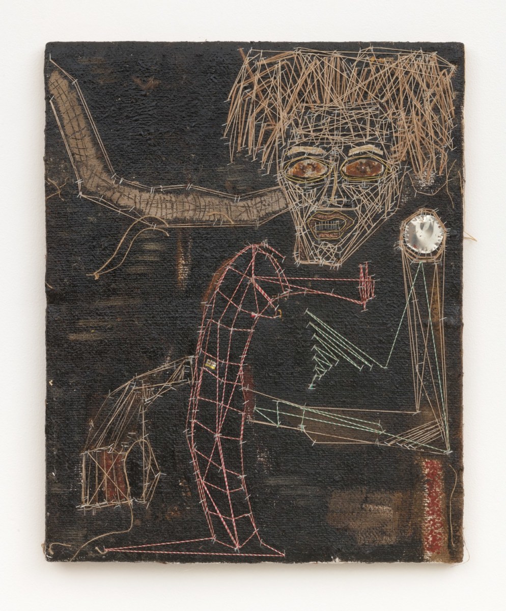Alexandre Diop  Autoportrait Ligamentaire, 2020  Mixed media on burlap  29.72 x 23.82 in (75.5 x 60.5 cm)