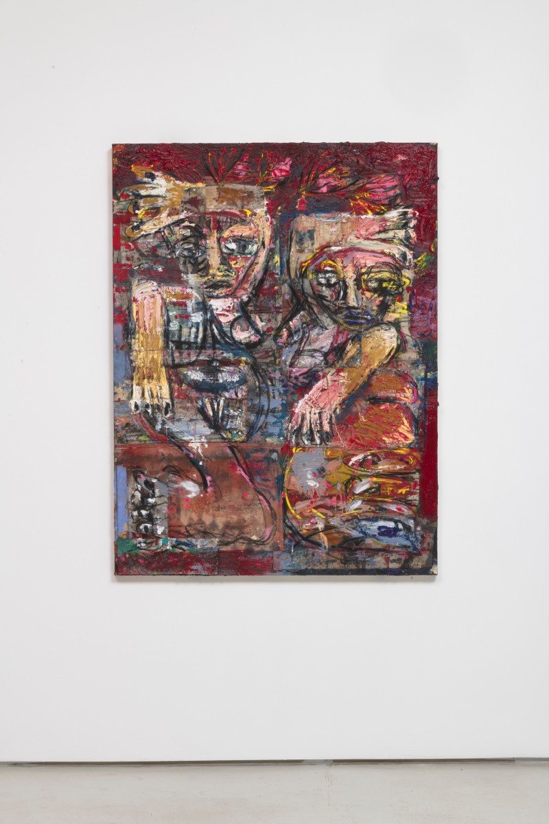 Daniel Crews-Chubb Zumbi and Belfie (cherry blossom), 2018 Oil, acrylic, spray paint, charcoal, ink, pastel and collaged fabrics on canvas 63 x 47.5 in (160 x 120 cm)