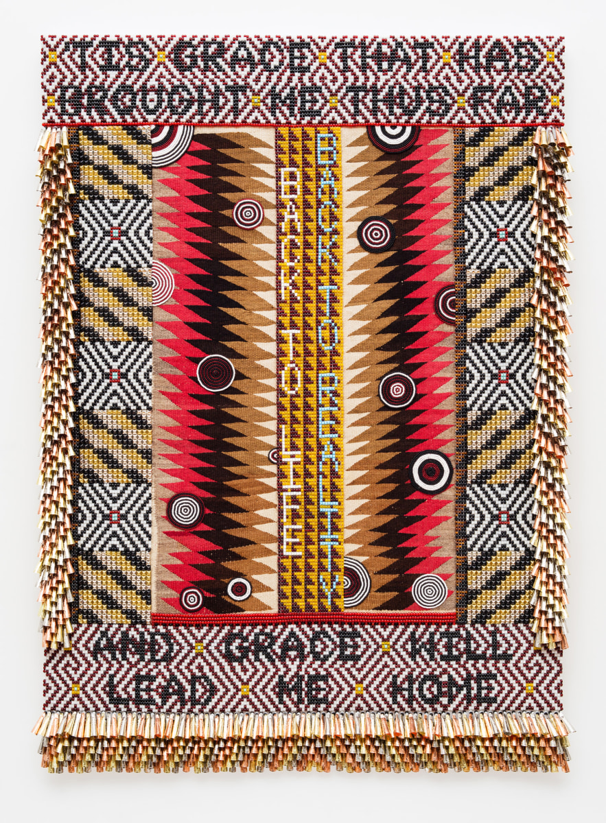 Jeffrey Gibson AMAZING GRACE, 2017 Glass beads, artificial sinew, trading post weaving, steel studs, copper and tin jingles, acrylic felt, canvas, wood 76 x 54 in (193.0 x 137.2 cm)