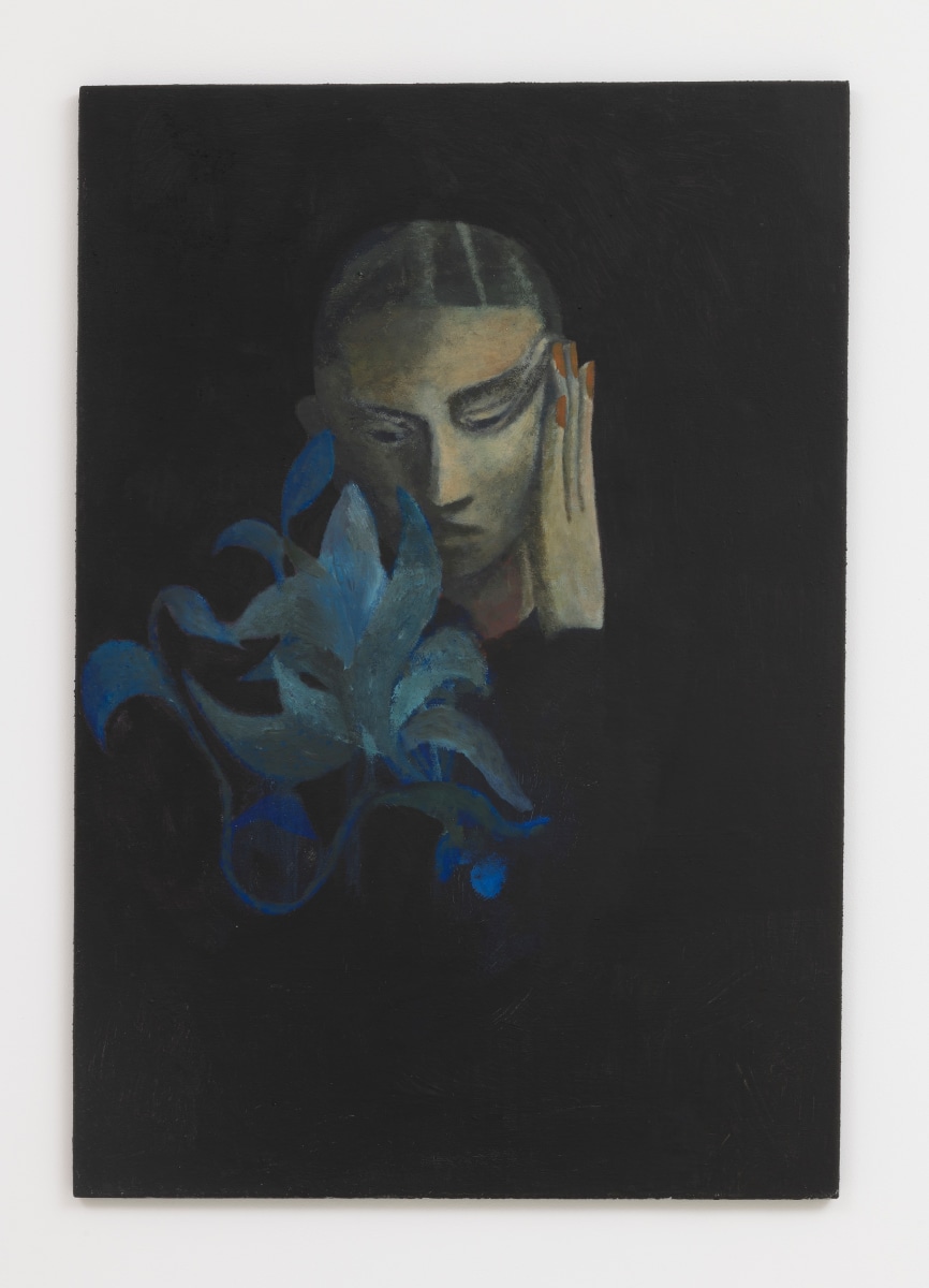 Lenz Geerk Boy with Blueberry, 2017 Acrylic on wool 57.1 x 39.38 in (145 x 100 cm)