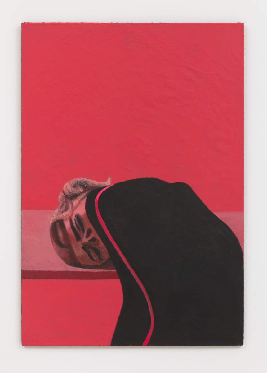 Lenz Geerk Table Portrait V, 2018 Acrylic on wool 57.1 x 39.38 in (145 x 100 cm)