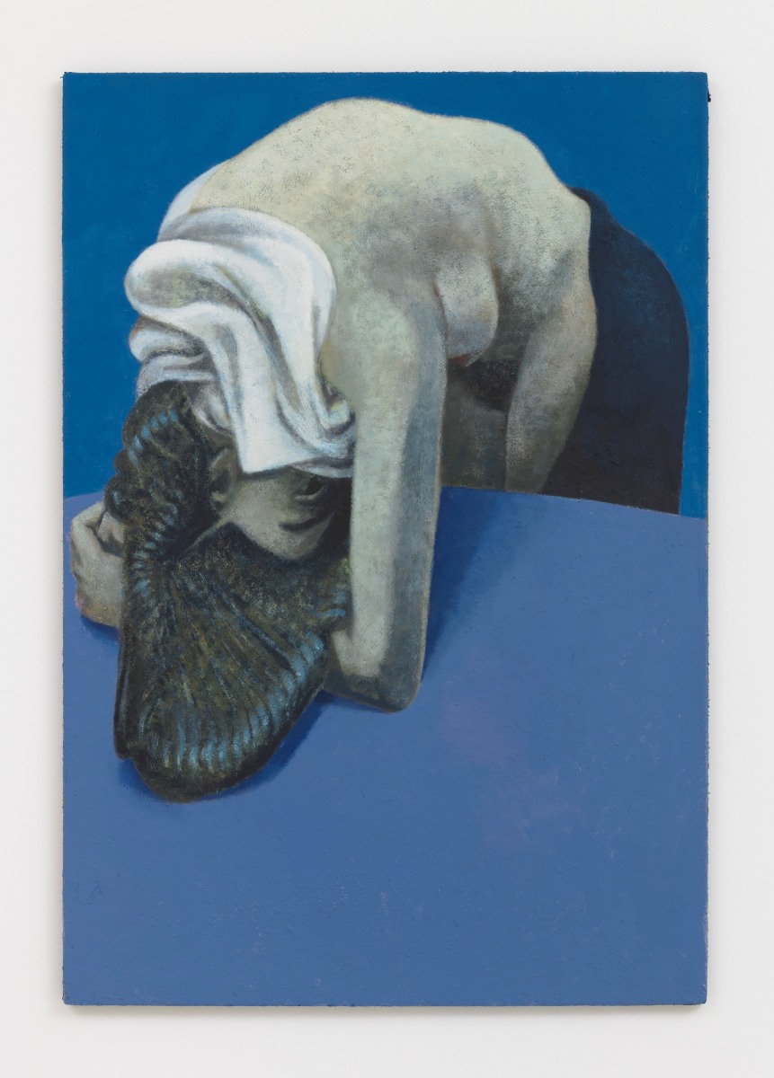 Lenz Geerk Table Portrait III, 2017 Acrylic on wool 57.1 x 39.38 in (145 x 100 cm)