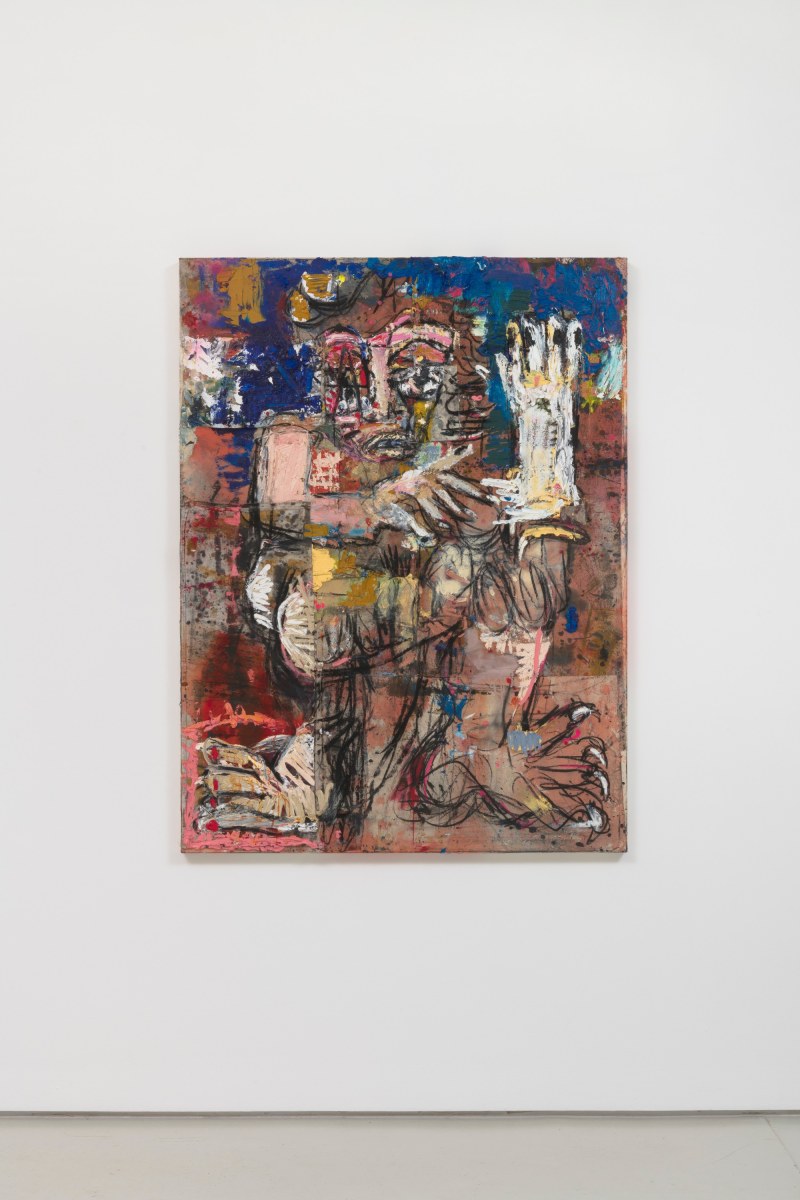 Hanuman (white arm), 2018 Oil, acrylic, spray paint, charcoal, ink, pastel and collaged fabrics on canvas 63 x 47.5 in (160.0 x 120.7 cm)