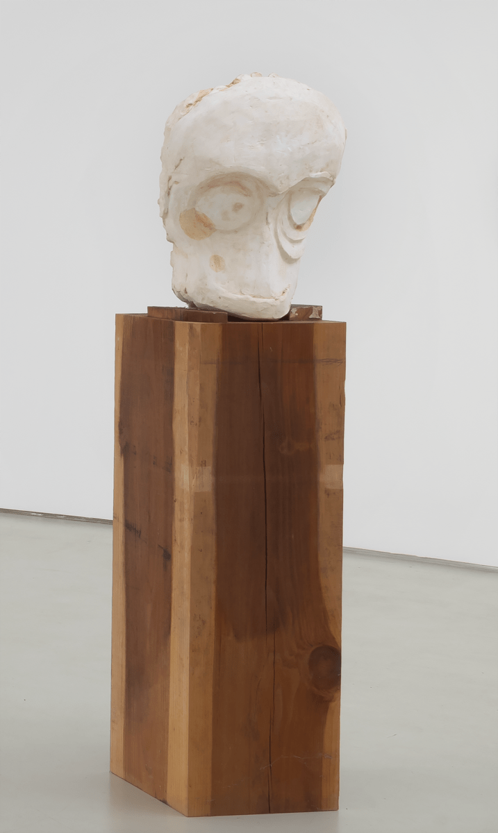 Thomas  Houseago Untitled (Plaster Head on Wood), 2009 Tuf-cal, hemp, iron rebar, California redwood, graphite, charcoal 73 x 20 x 20 in (185.4 x 50.8 x 50.8 cm)