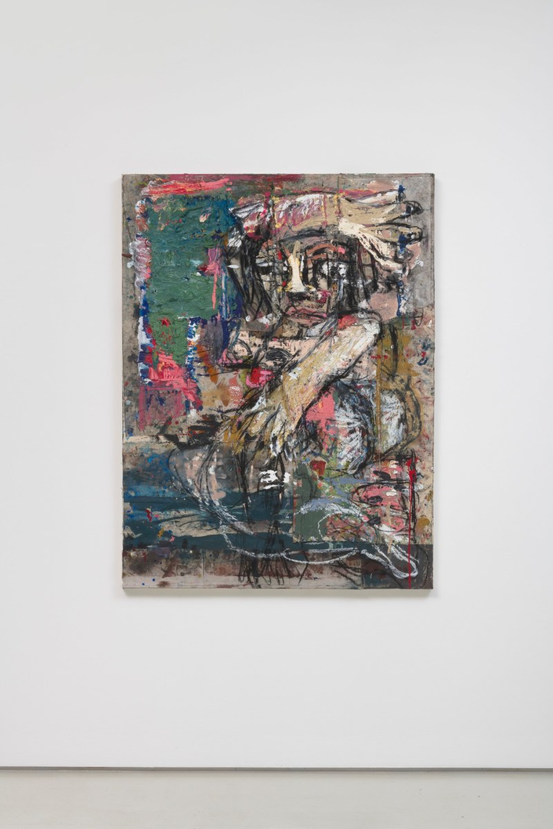 Daniel Crews-Chubb Belfie (green and pink), 2018 Oil, acrylic, spray paint, charcoal, ink, coarse pumice gel, pastel and collaged fabrics on canvas 63 x 47.5 in (160.0 x 120.7 cm)