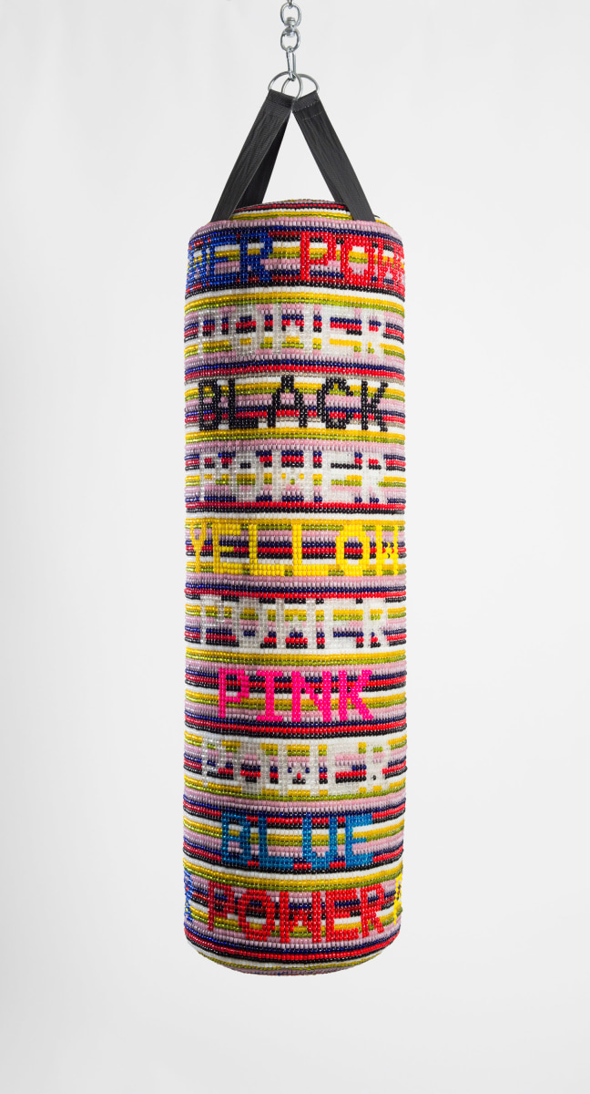 Jeffrey Gibson POWER POWER POWER, 2017 Repurposed vinyl punching bag, glass beads, artificial sinew, acrylic felt 51 x 12 in (129.5 x 30.5 cm)