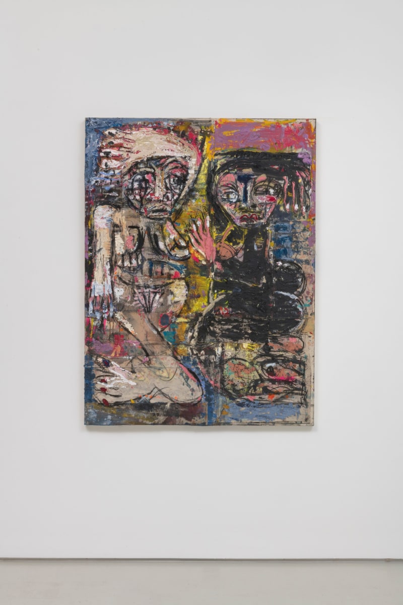 Daniel Crews-Chubb Zumbi and Belfie (LA), 2018 Oil, acrylic, spray paint, charcoal, ink, pastel and collaged fabrics on canvas 63 x 47.5 in (160.0 x 120.7 cm)