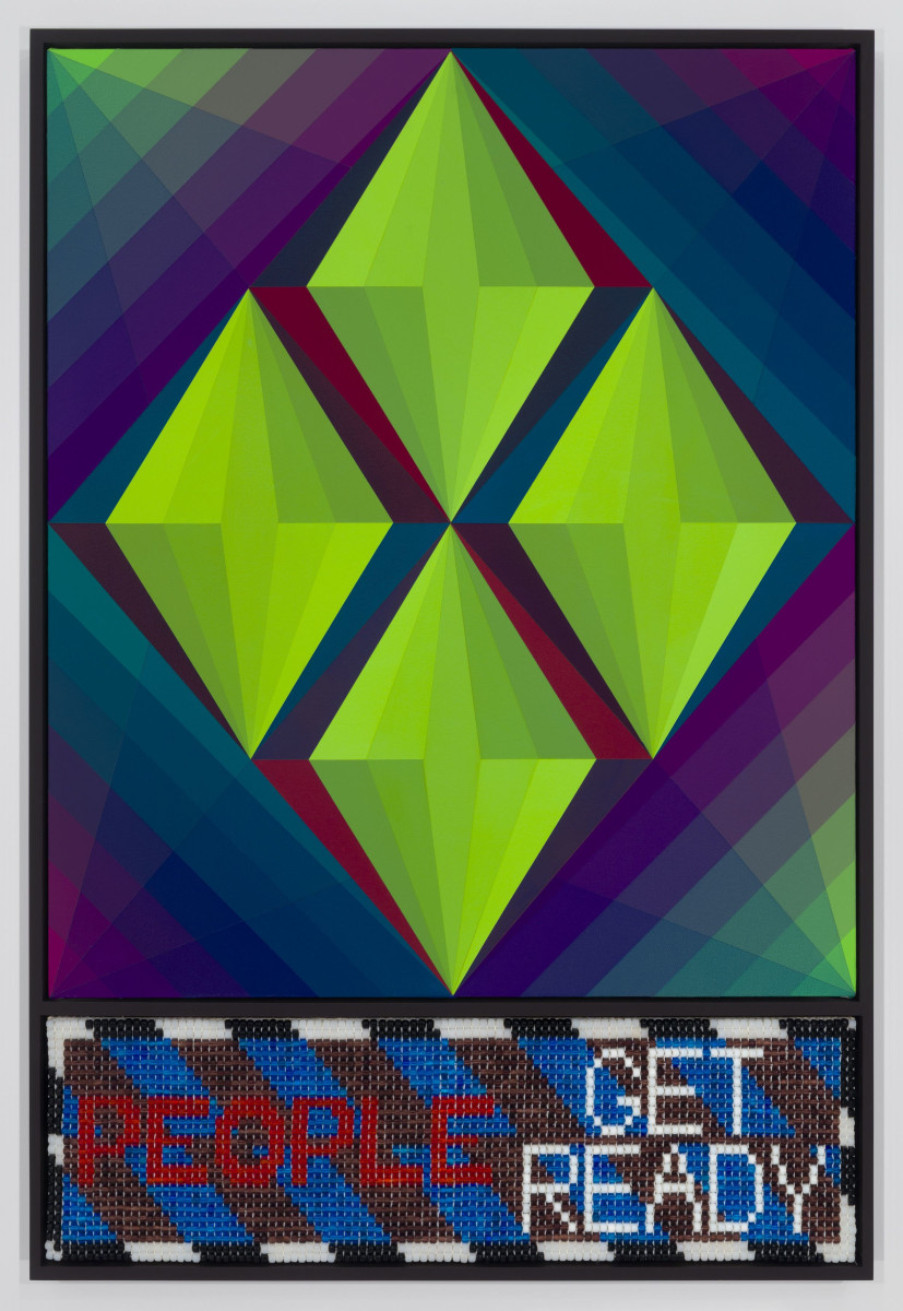 Jeffrey Gibson PEOPLE GET READY, 2018 Acrylic on canvas, glass beads, artificial sinew inset into wood frame 45 x 32 in (114.3 x 78.7 cm)