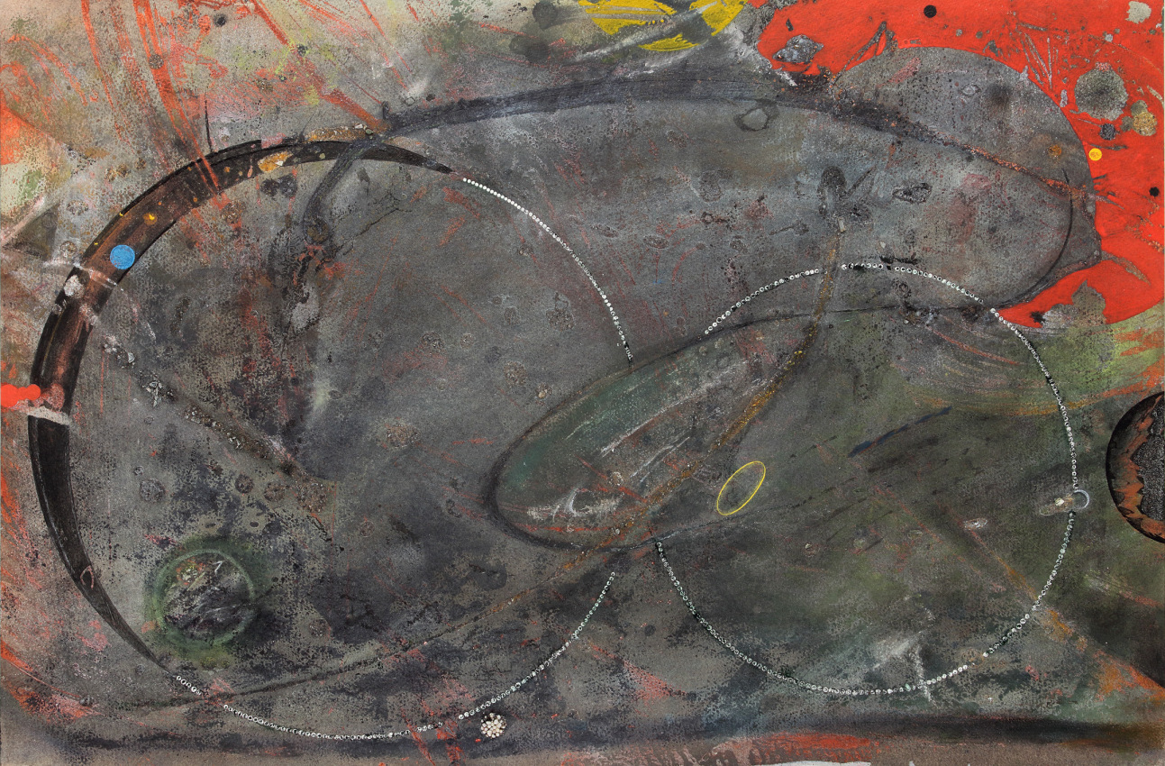 Celebrating As It Seeks, 1989, acrylic, pearl, sand and shell on paper mounted on canvas, 18 1/4 x 27 5/8 inches