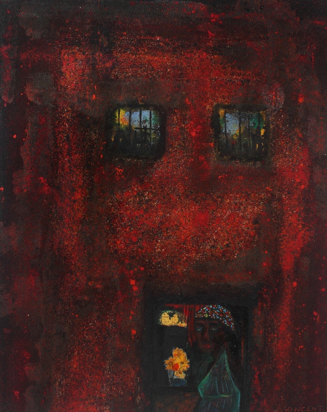 Apple Pies for the Kids, 1971, oil and sand on canvas, 48 x 38 1/2 inches