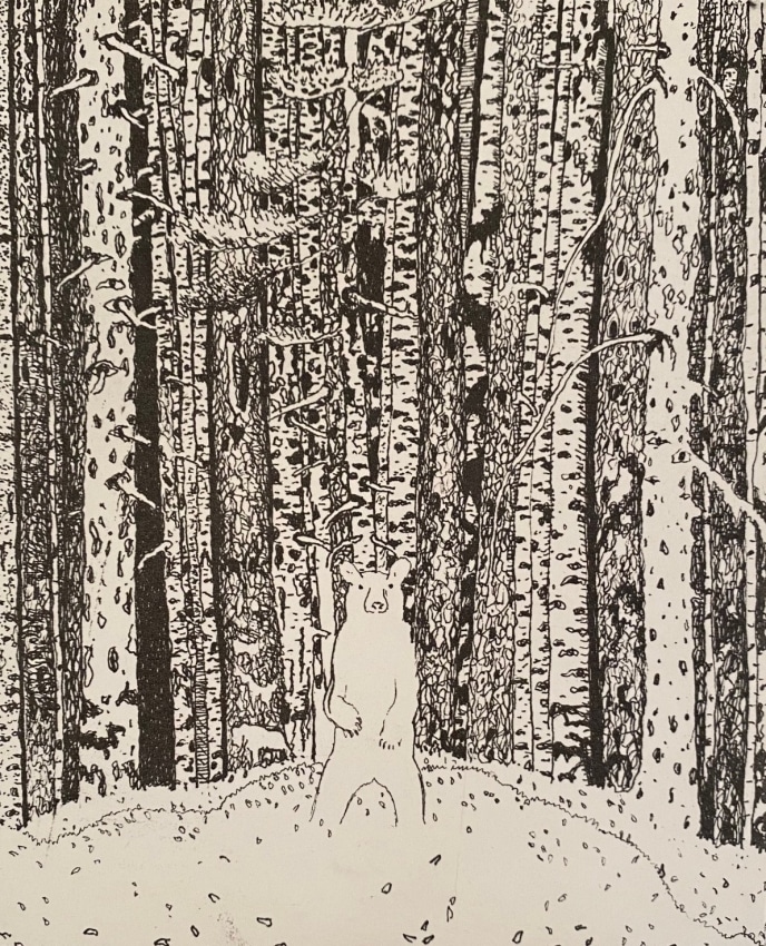 Makwa Moss, 2022, etching on paper, 9 x 7 1/8 inches