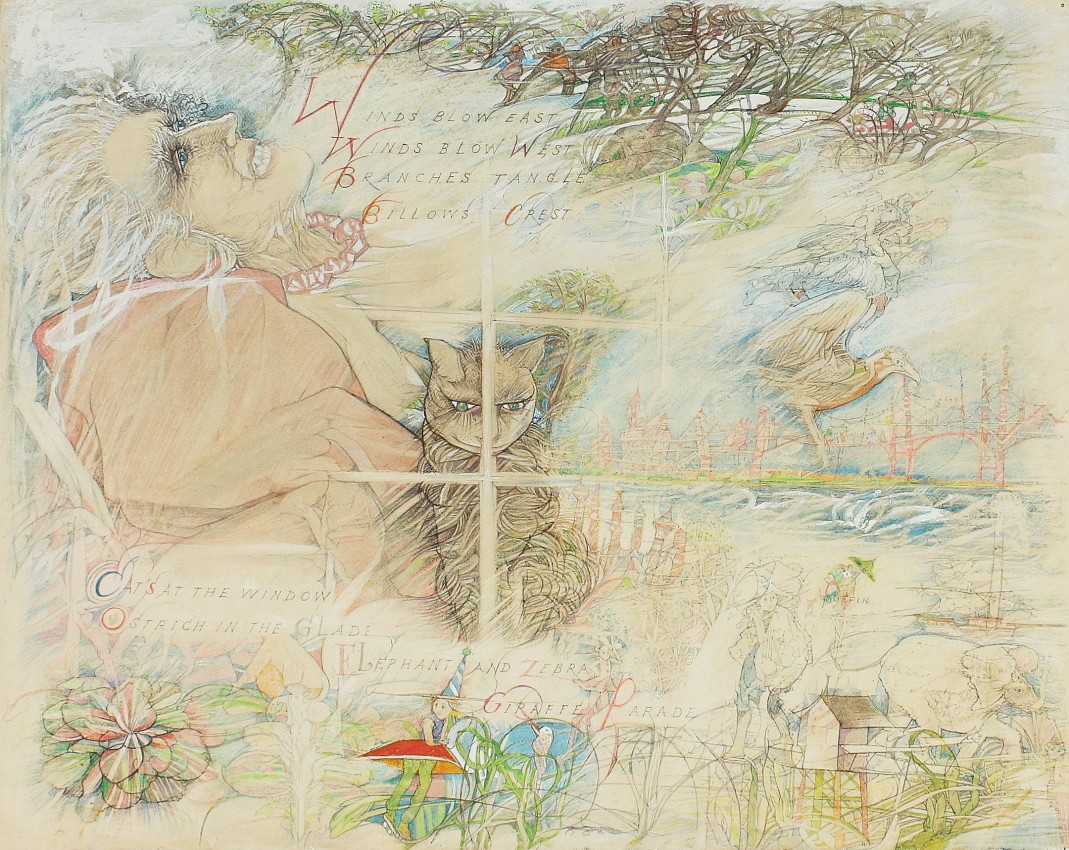 Thimbledon Bridge Illustration (page 14), 1965-1970, colored pencil and graphite on paper, 11 1/4 x 14 inches