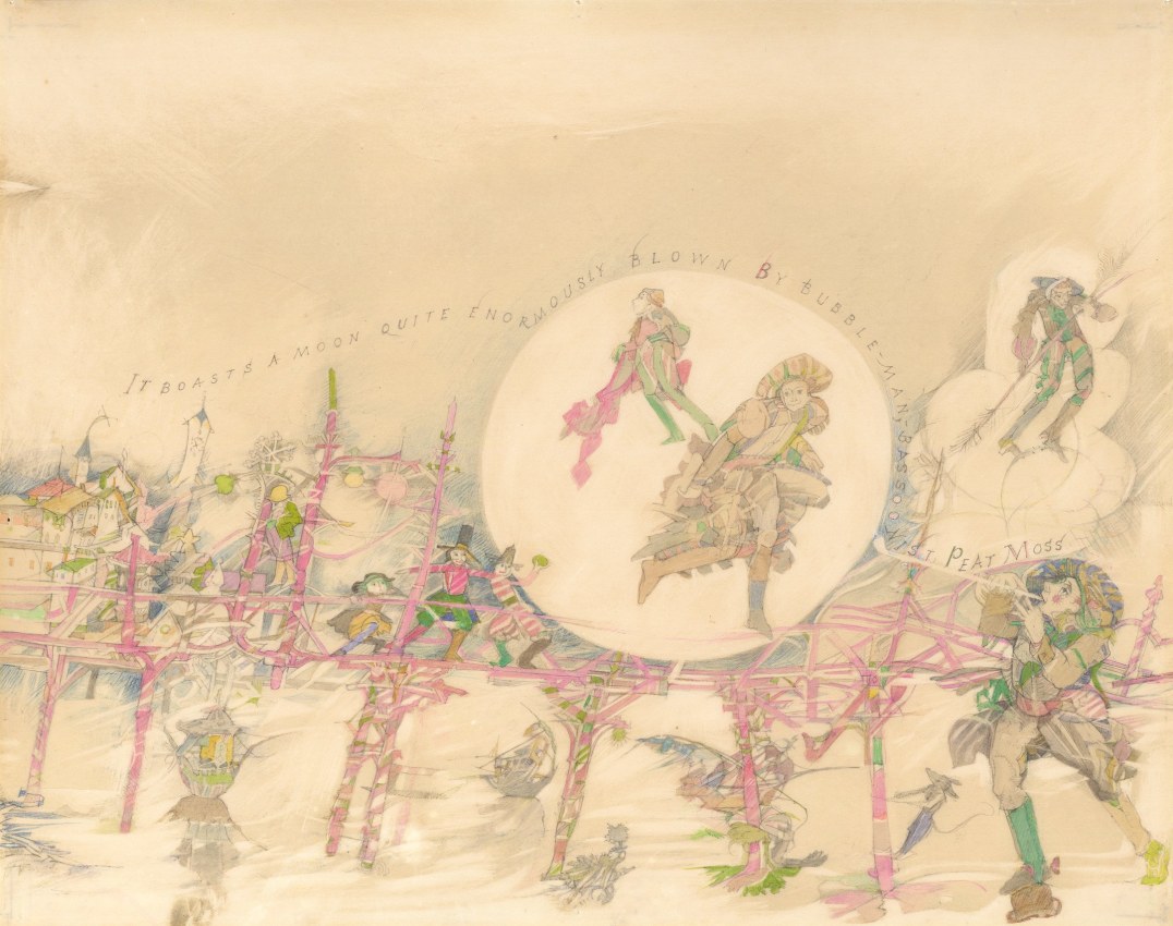 Thimbledon Bridge Illustration (page 19), 1965-1970, colored pencil and graphite on paper, 11 1/4 x 14 inches