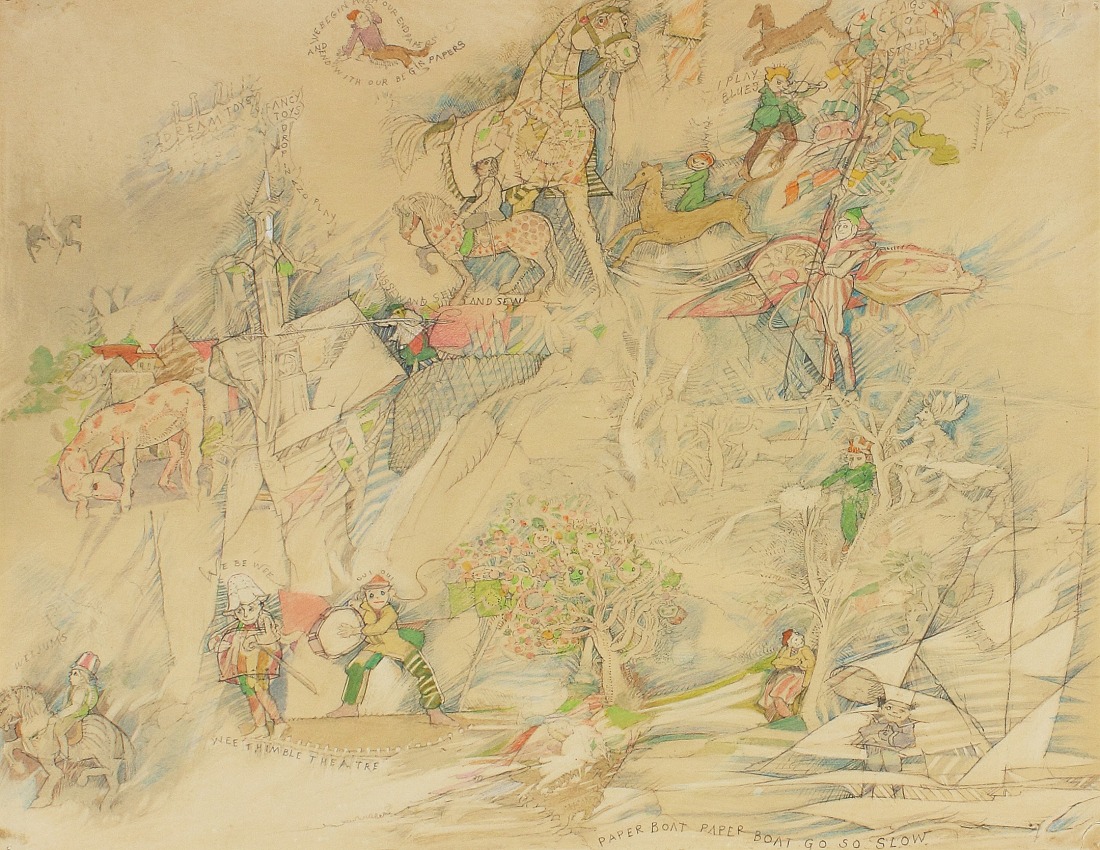 Thimbledon Bridge Illustration (page 02 and page 30), 1965-1970, colored pencil and graphite on paper, 11 1/4 x 14 inches