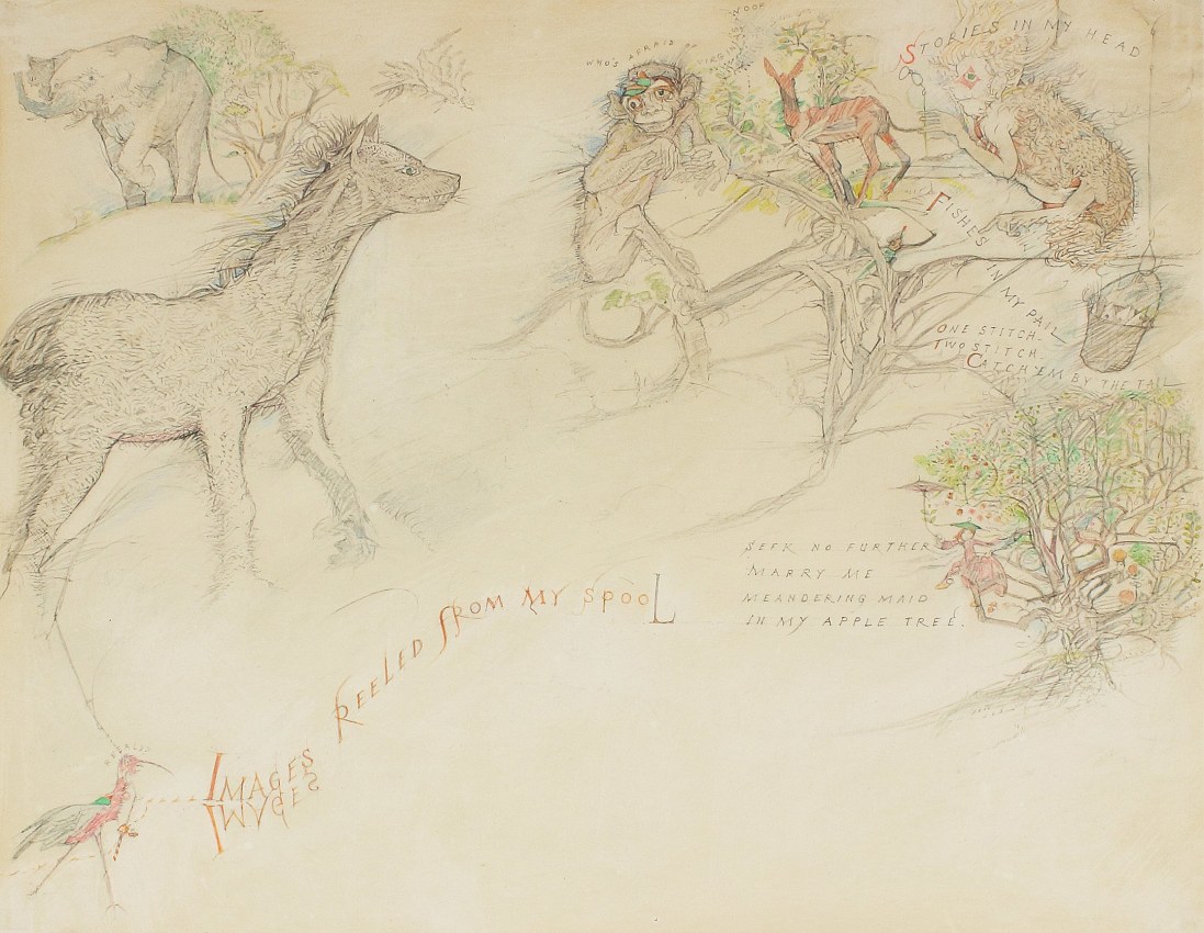 Thimbledon Bridge Illustration (page 13), 1965-1970, colored pencil and graphite on paper, 11 1/4 x 14 inches