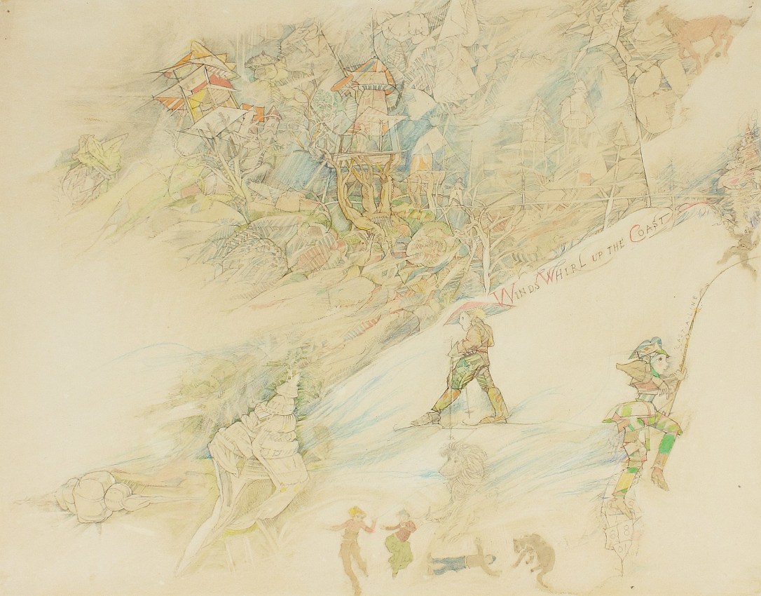 Thimbledon Bridge Illustration (page 24), 1965-1970, colored pencil and graphite on paper, 11 1/4 x 14 inches