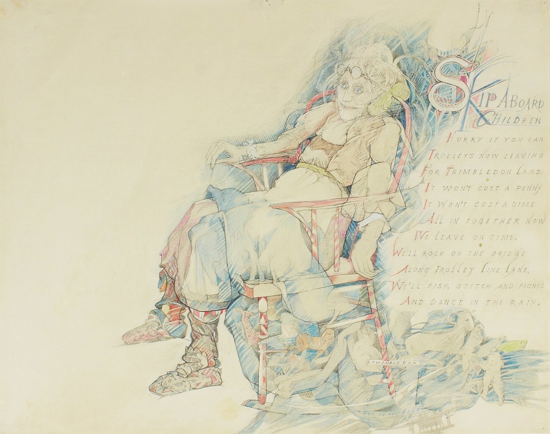 Thimbledon Bridge Illustration (page 11), 1965-1970, colored pencil and graphite on paper, 11 1/4 x 14 inches