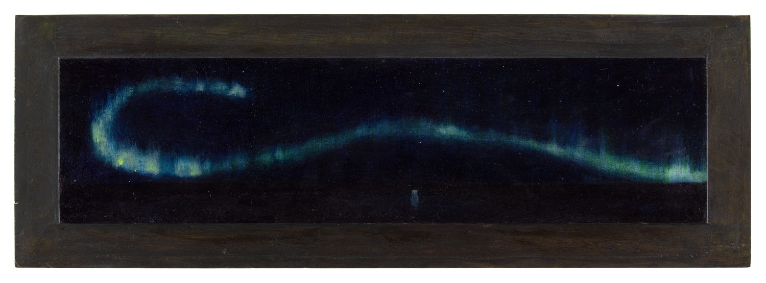 Nin Gagitaw, 2022, oil on panel, 9 x 26 1/2 inches, including artist&#039;s hand painted frame