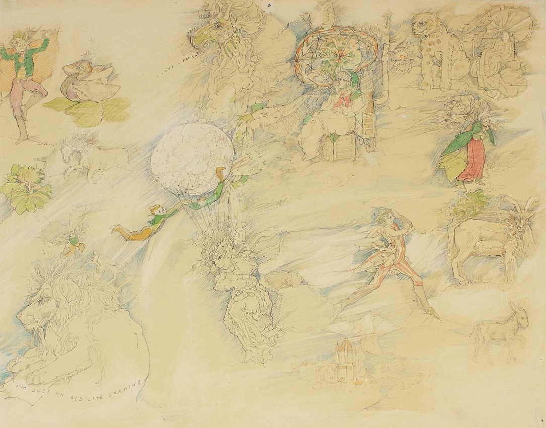 Thimbledon Bridge Illustration (page 03 and page 31), 1965-1970, colored pencil and graphite on paper, 11 1/4 x 14 inches