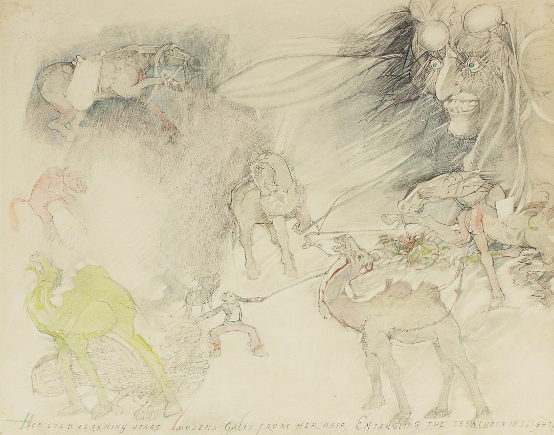 Thimbledon Bridge Illustrations (page 23), 1965-1970, colored pencil and graphite on paper, 11 1/4 x 14 inches