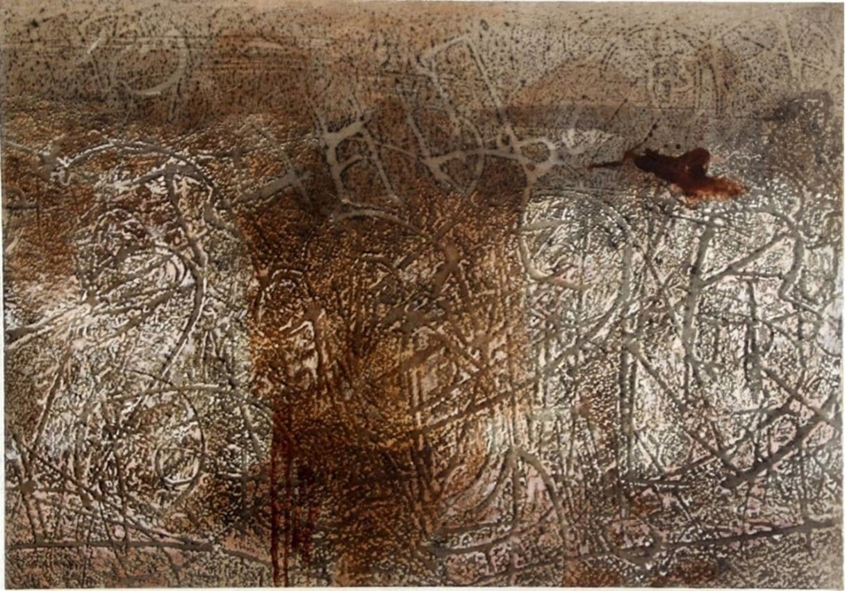 Nadia Kaabi-Linke,&nbsp;Beans,&nbsp;2009,&nbsp;Coffee, ink, pigments, paper on canvas, 27 x 38.5 in