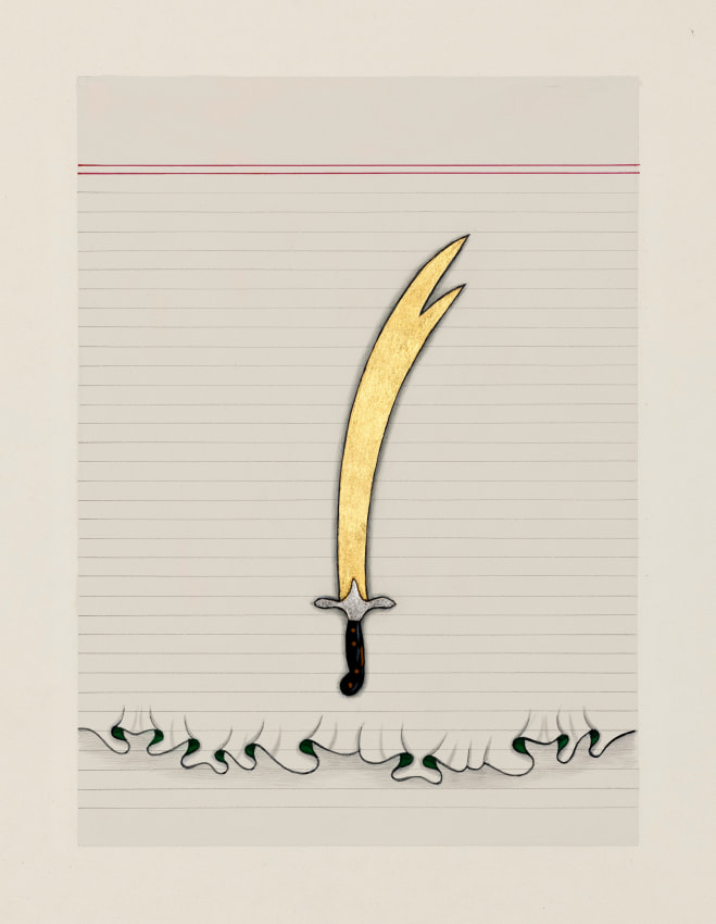 Painting of a sword with gold leaf on wasli paper