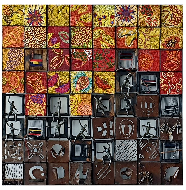 Peju Alatise, Death and the King&#039;s Alaso Ofi (Part 2) II,&nbsp;2018,&nbsp;Metal, stone cast, wood and acrylic on canvas, 50 x 50 in