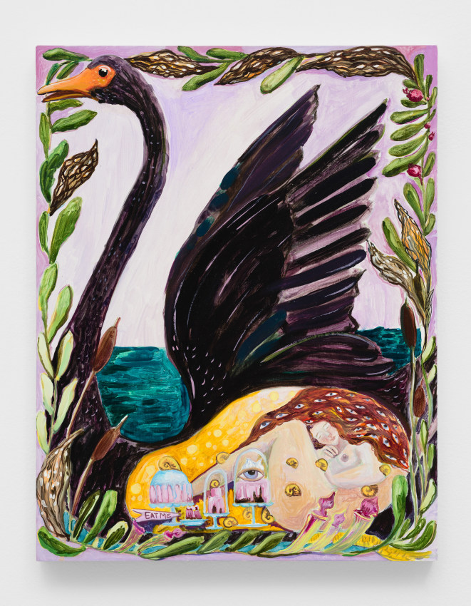 Painting of a woman inside the belly of a black swan eating cake and other sweets