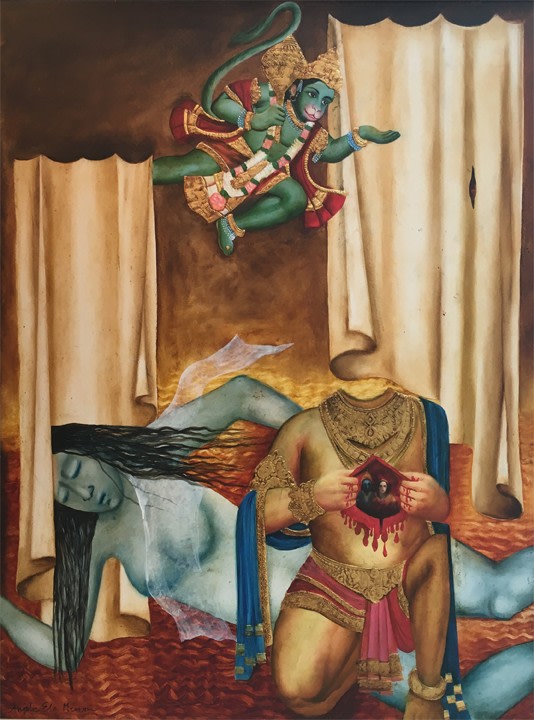 Anjolie Ela Menon,&nbsp;Girl Dreaming,&nbsp;2000,&nbsp;Oil and gold leaf on Masonite board, 48 x 36 in