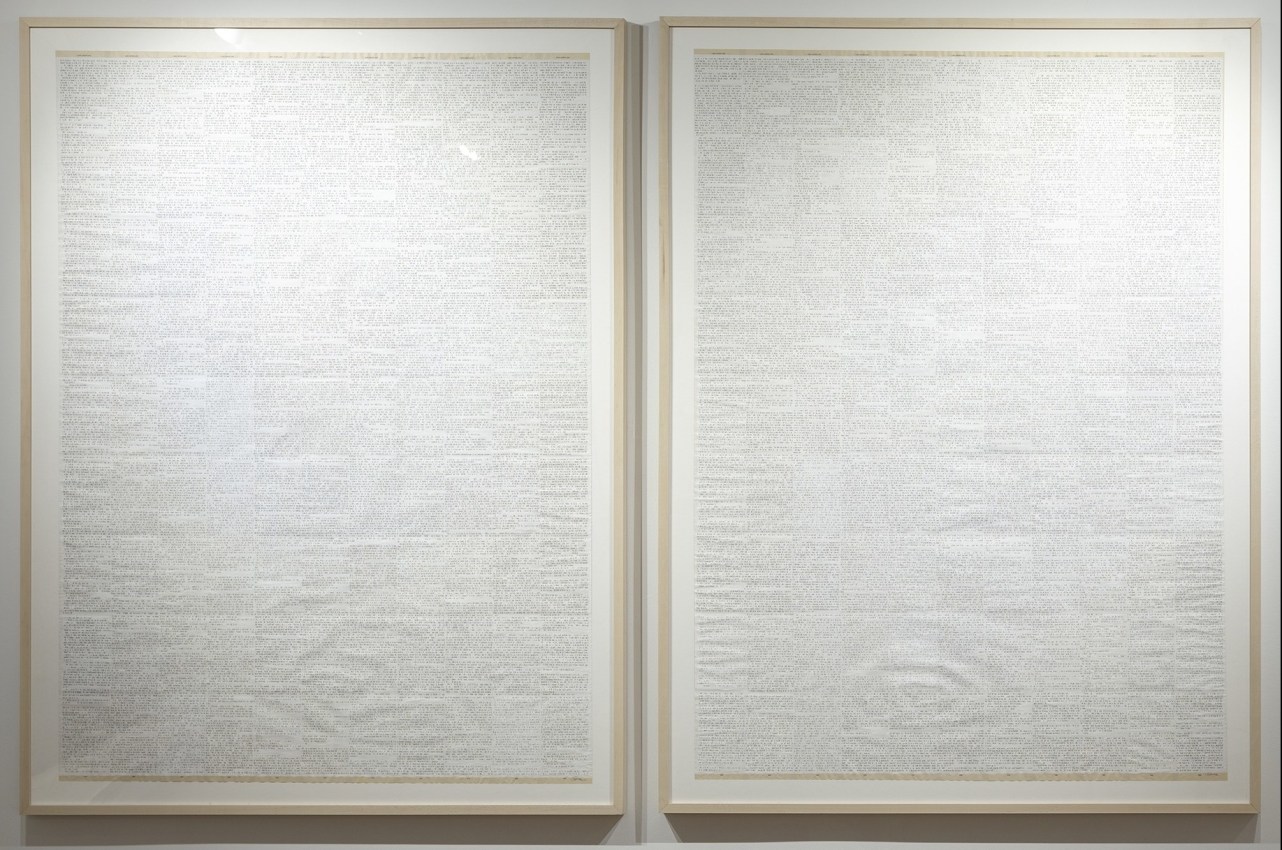 Youdhisthir Maharjan, Life After Life, 2018-2019, Acrylic on reclaimed book pages, 57 x 41.5 in each (diptych)