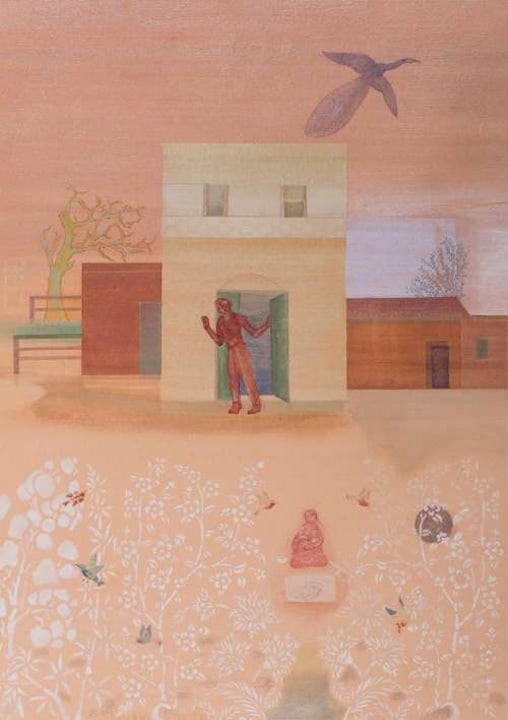 Nilima Sheikh,&nbsp;Departure,&nbsp;2018,&nbsp;Mixed Tempera on Sanganer paper,&nbsp;19 x 13.3 in