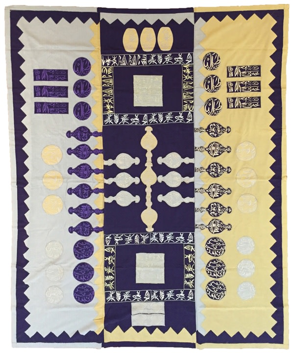 Rachid Kora&iuml;chi, Les Ancetres Lies Aux Etoiles,&nbsp;Silk, gold threads, silver threads and silk threads,&nbsp;116 x 93.5 in, &nbsp;