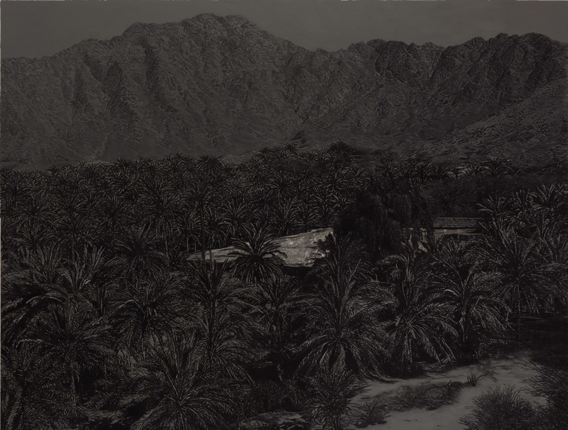 Saad Qureshi,&nbsp;Sacred Garden II,&nbsp;2017,&nbsp;Wood ash, black sand, charcoal, and ink on Gaboon plywood, 63 x 83 in