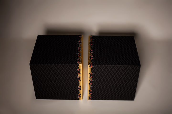 Aisha Khalid, You appear in me, I in you - I,&nbsp;2015,&nbsp;Gouache on paper, gold leaf, acrylic box,&nbsp;12 x 12 x 12 in each