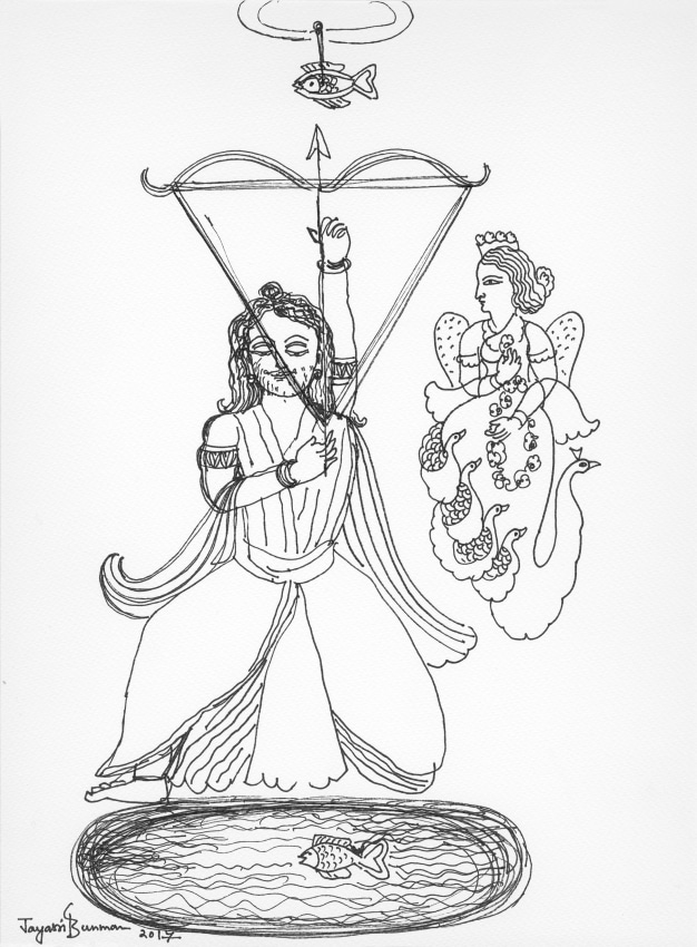 Jayasri Burman, From the Draupadi Series 5, 2017, Pen and ink on paper, 11 x 15.5 in