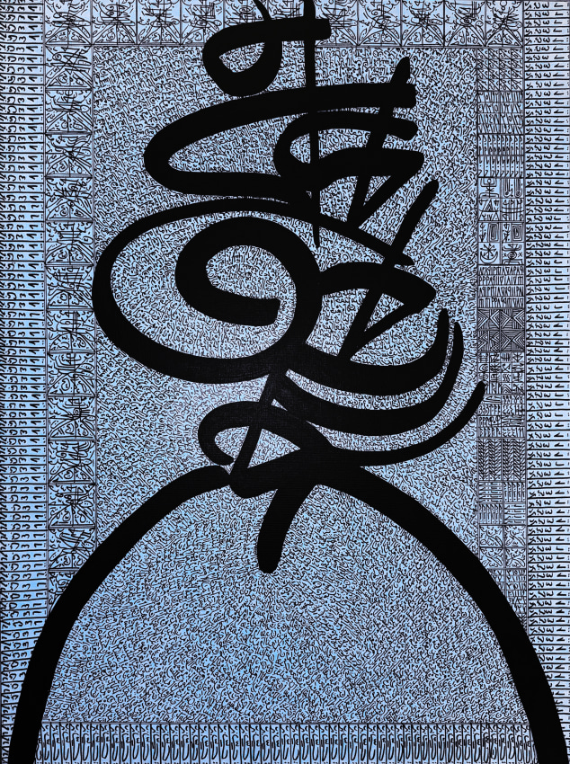 Abstract painting in blue tone with the patterns and strokes in black