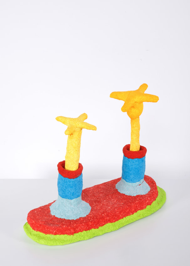 Mohamed Ahmed Ibrahim, Two&nbsp;Orange Flowers in Vase,&nbsp;2018,&nbsp;Cardboard, papier-m&acirc;ch&eacute;,&nbsp;12.5 x 15 x 5 in