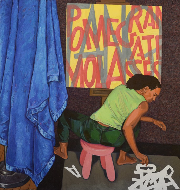 Mequitta Ahuja,&nbsp;Seated Scribe (Pomegranate Molasses),&nbsp;2018, Oil on canvas, 84 x 80 in