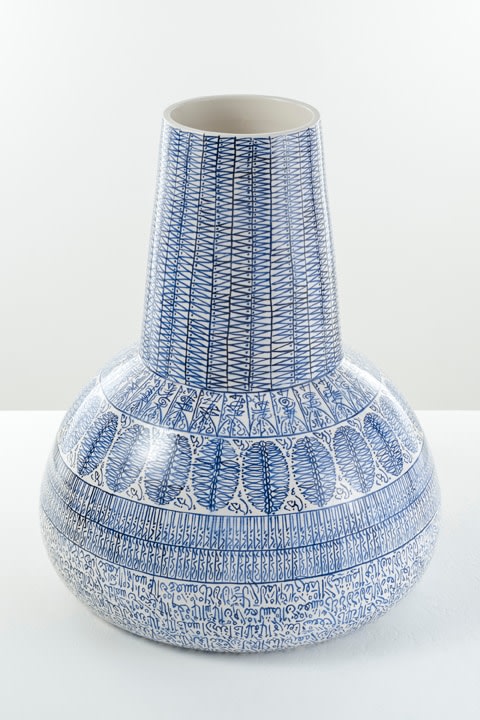 Rachid Koraichi, From the series Les Sept Stations C&eacute;lestes,&nbsp;2018, Soft paste porcelain, blue and white oxide, 20 x 16 x 16 in