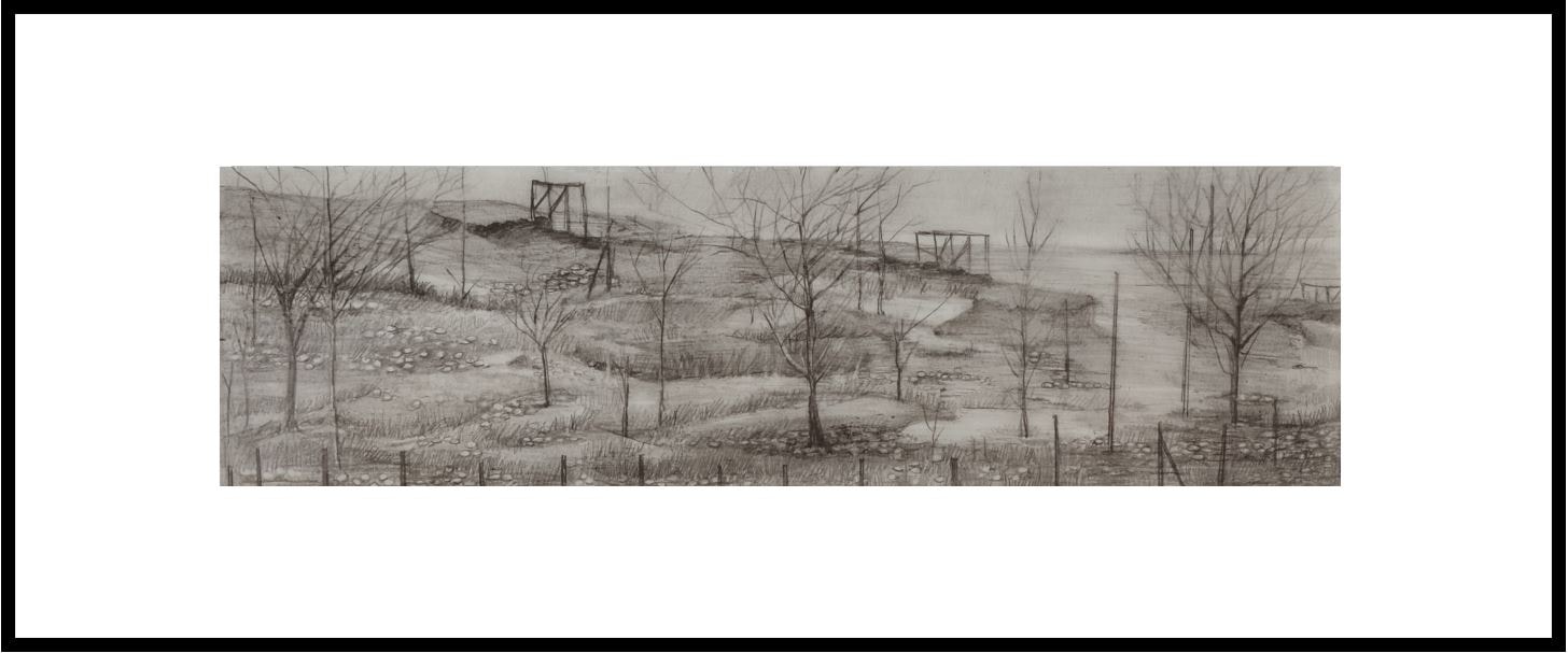 Saba Qizilbash,&nbsp;Pulwama,&nbsp;2019,&nbsp;Graphite and epoxy on paper, mounted on wood, 5 x 12 in