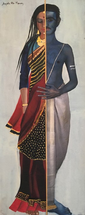 Anjolie Ela Menon with Robyn Beeche,&nbsp;Ardhanareeshwar,&nbsp;2015,&nbsp;Oil and print on canvas, 40.5 x 17 in
