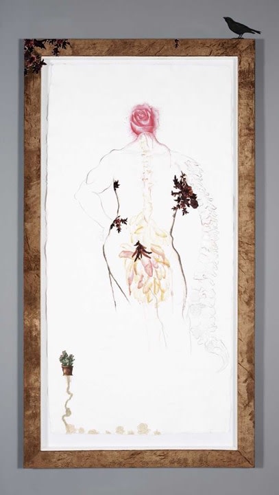 Mithu Sen, Banana Man,&nbsp;n/d,&nbsp;Mixed media,drawing, collage with gold leaf, ink and fabric on handmade paper,&nbsp;96 x 48&nbsp;in