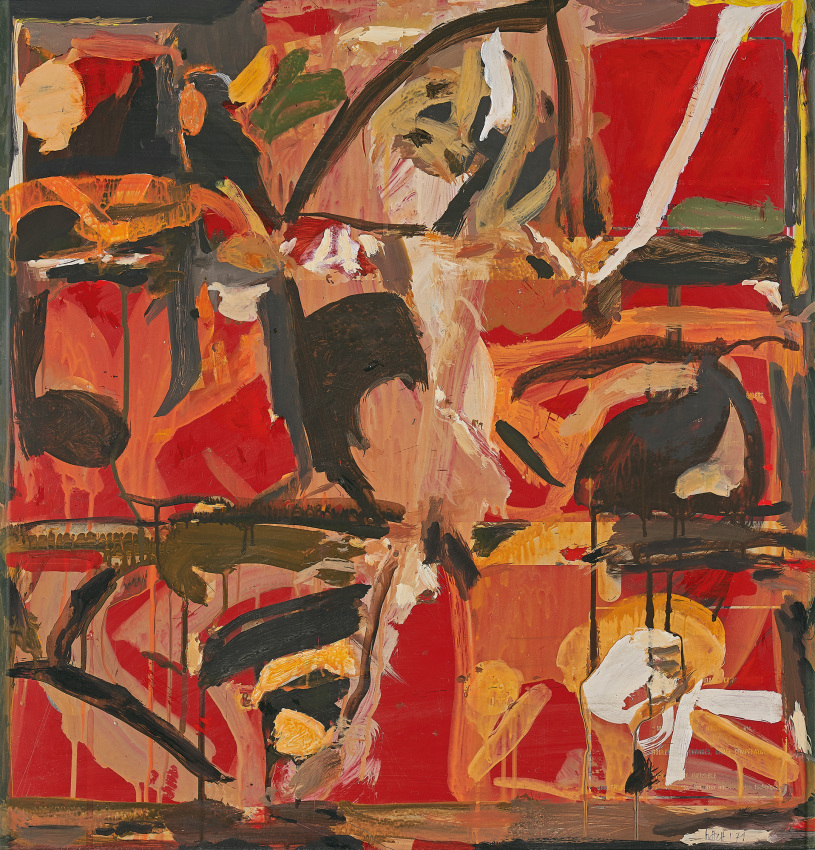 abstract painting mostly red and orange