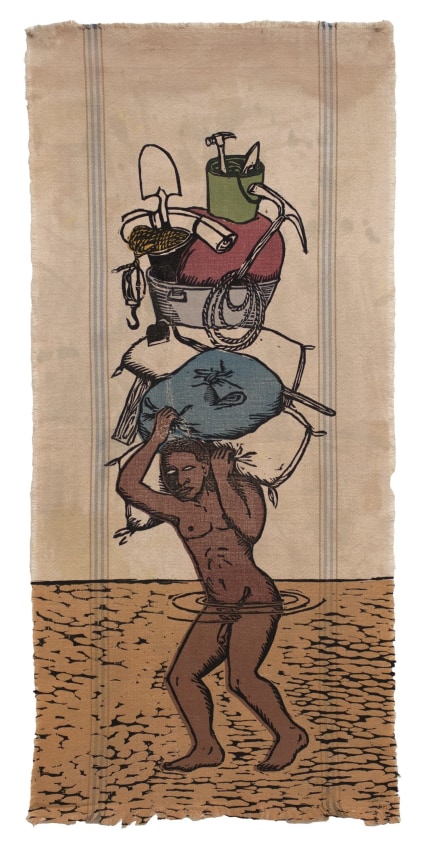 Alison Saar, Stanch, 2017,&nbsp;Ed. 18/18,&nbsp;Woodcut on vintage linen seed sacks,&nbsp;41.25 x 19 in (104.78 x 48.26 cm)